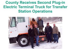 Pictured from left to right: Mike Saxton of Orange EV; Paul Abram of the Chautauqua County Department of Public Facilities; Bryan Davis of Orange EV; Kelly Rhinehart and Steve Rexford of the Chautauqua County Department of Public Facilities Division of Solid Waste; and Bob Reuther of White Oak Power.