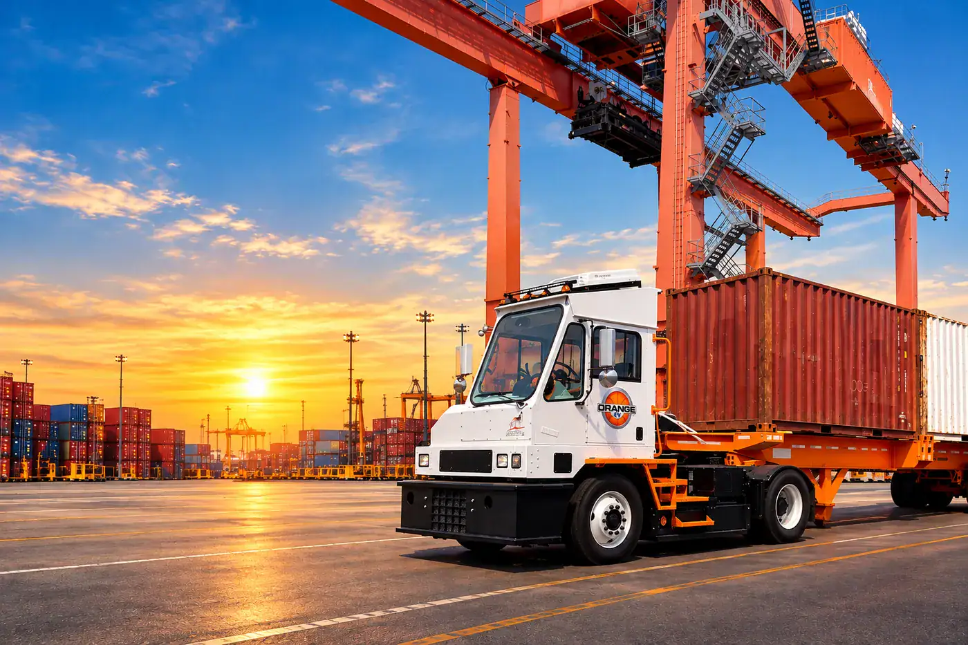 Orange EV HUSK-e electric yard truck hauling a container at a port terminal